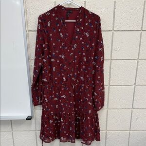 Chic Maroon Floral Long Sleeve Tier Dress